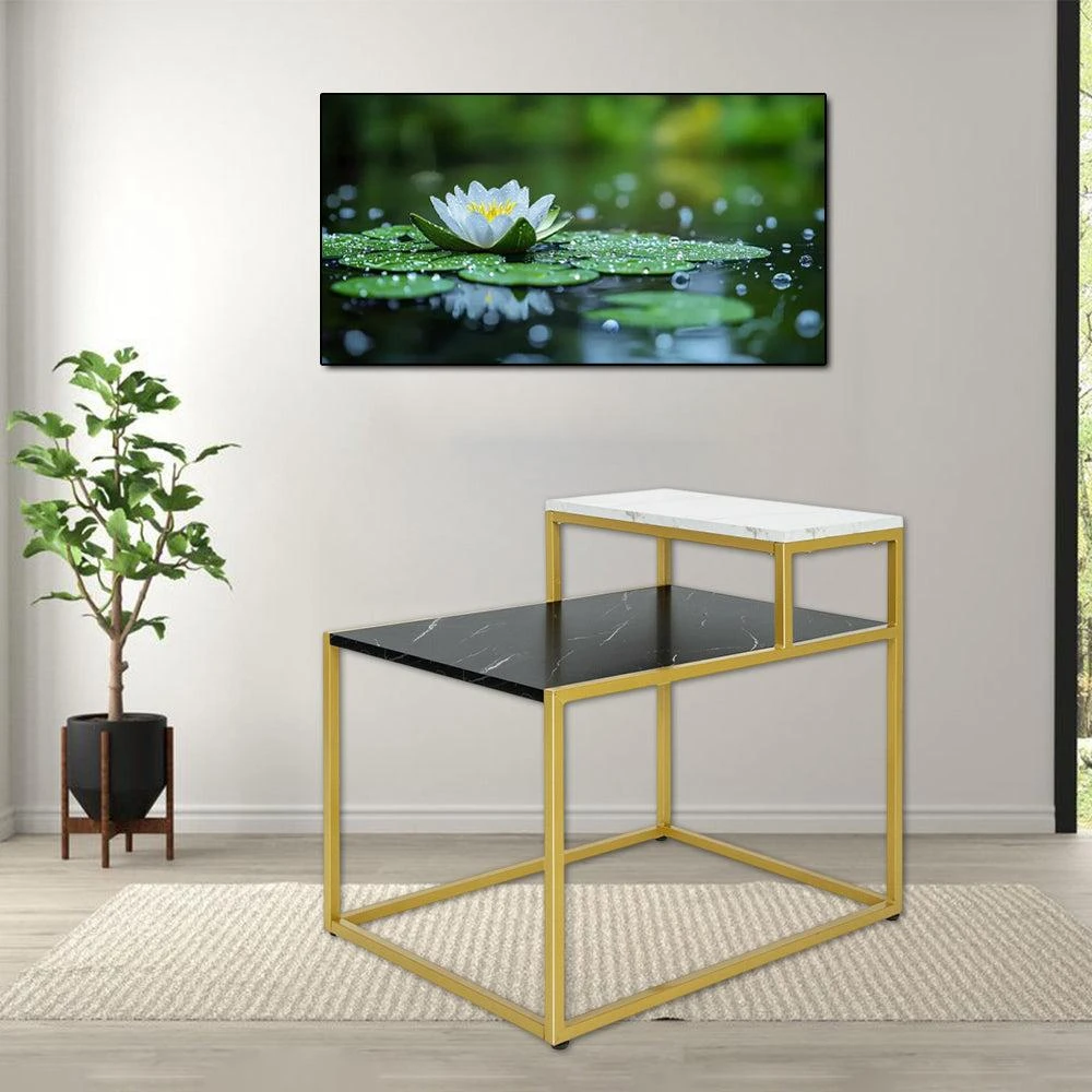 Hivvago Elegant Dual-Shelf End Table with Metal Structure and Marble-Look Top