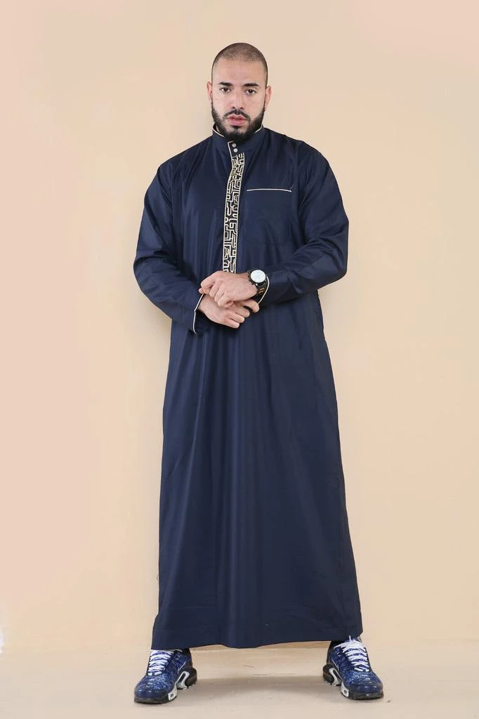 Arabic Thobes Mens Navy Thobe Jubba Emirati Islamic Arabic Eid Embroidery Kaftan Jubbah Robe 2