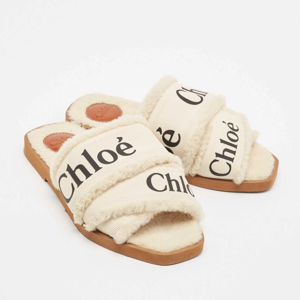 Chloé Chloe White Canvas and Shearling Woody Flat Sandals Size 37 4
