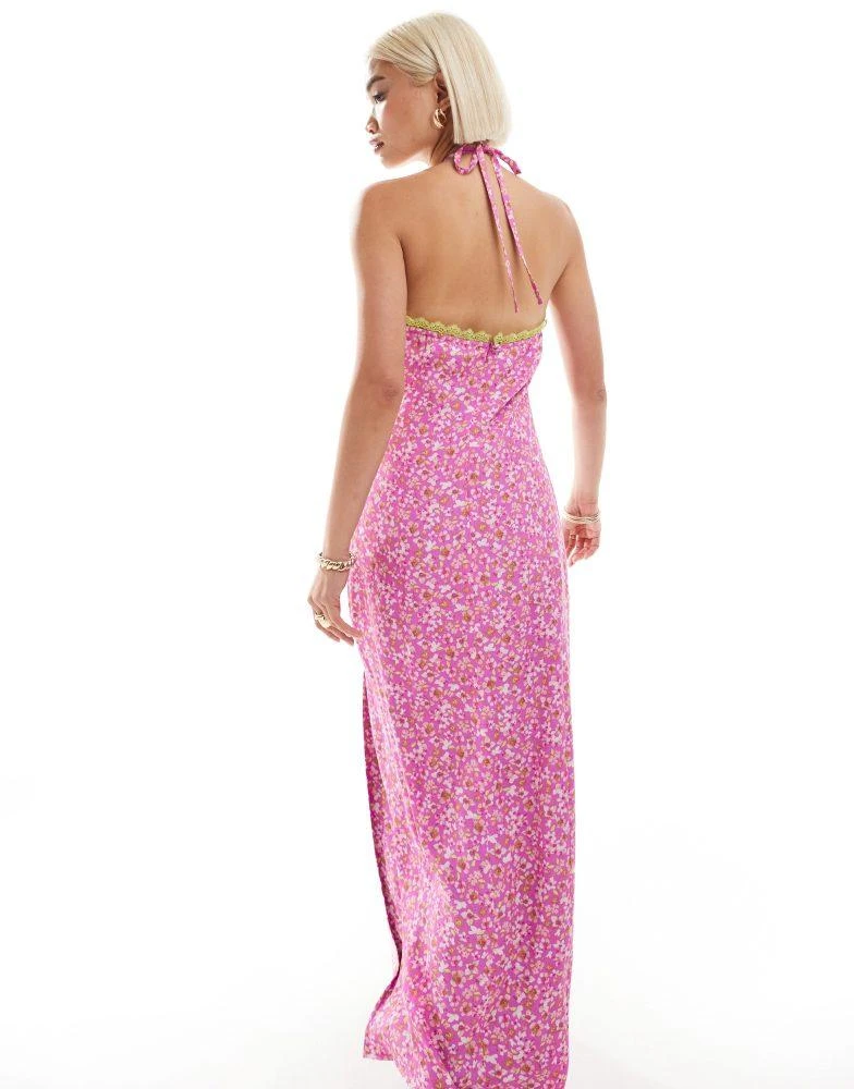 Labelrail Labelrail x Olivia Grace Herring ditsy floral split hem maxi halter dress in pink 4