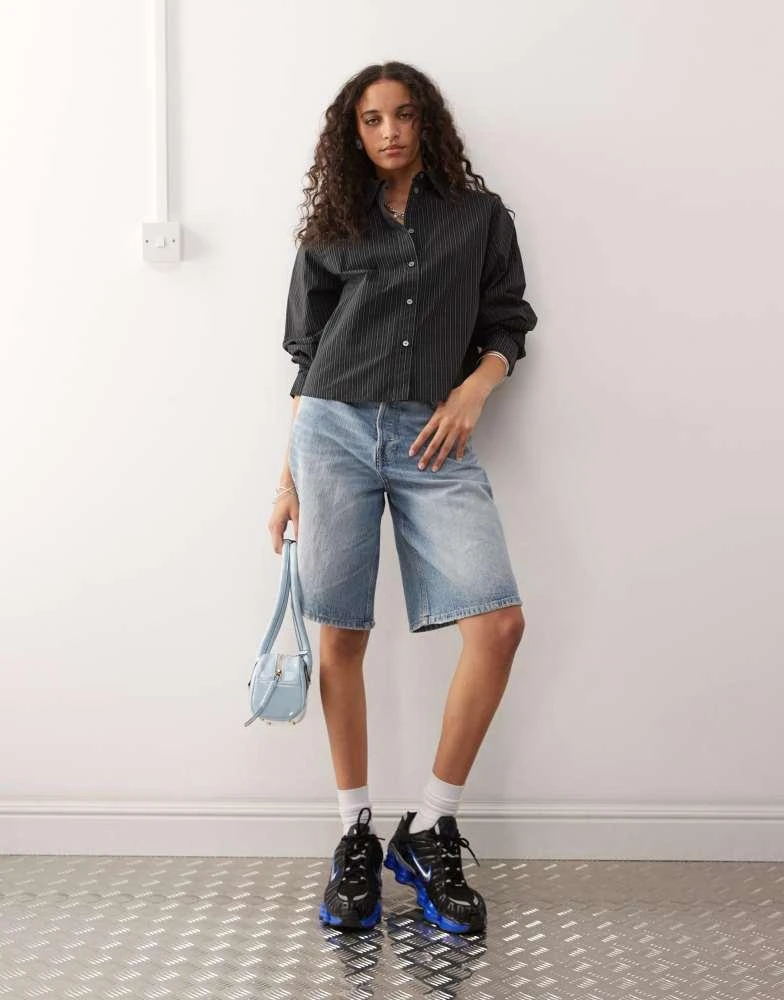 Weekday Weekday boxy fit shirt in black and grey stripe 4