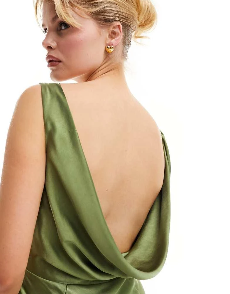 Six Stories Six Stories Bridesmaids cowl back satin maxi dress in moss green 4