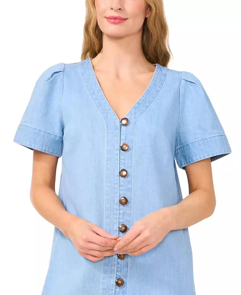 CeCe Women's Short Sleeve Button Front V-Neck Denim Dress 3
