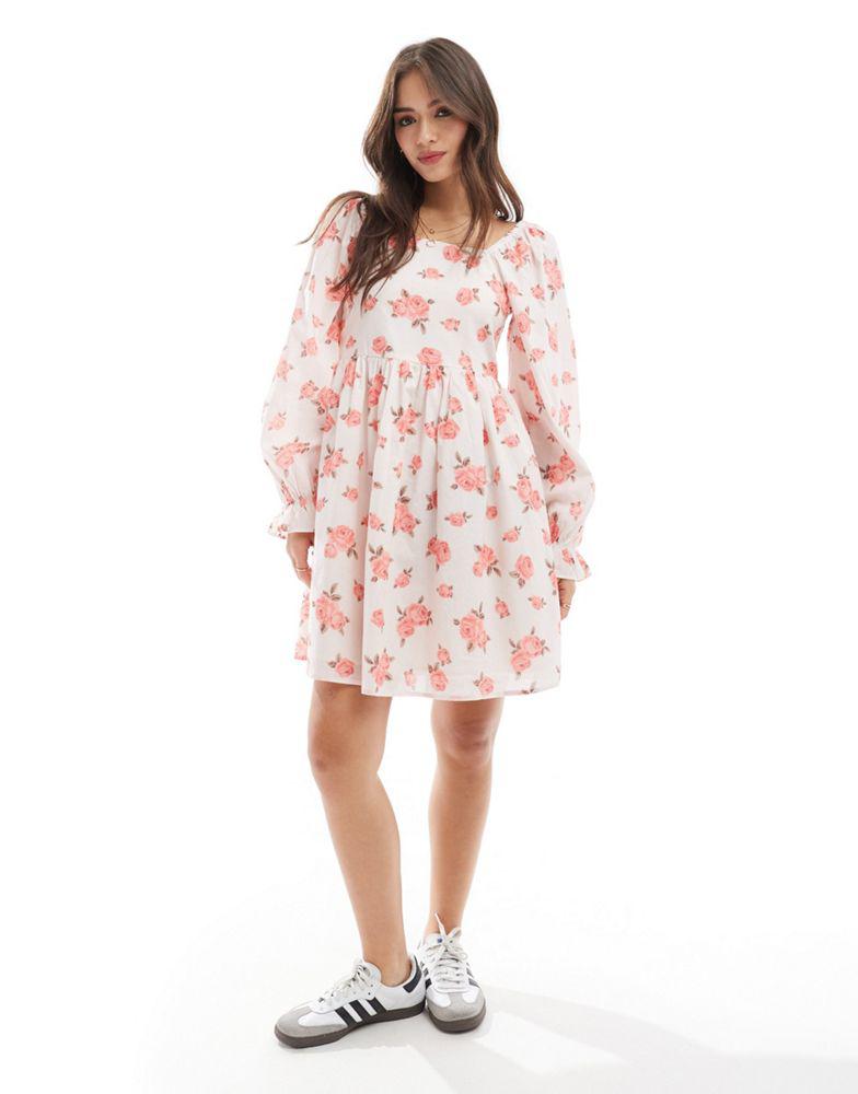 Y.A.S. Y.A.S puff sleeve floral print mini dress in pink rose print