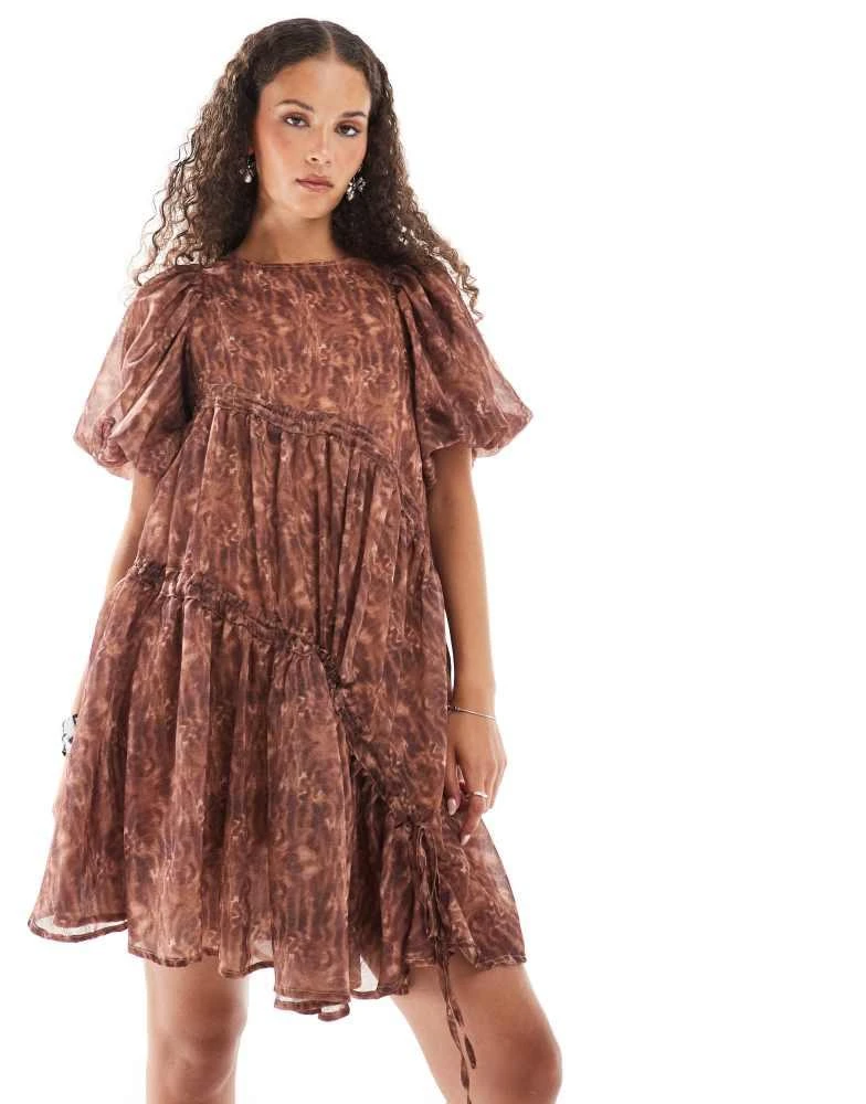Ghospell Ghospell asymmetric ruched mini dress in brown print 2