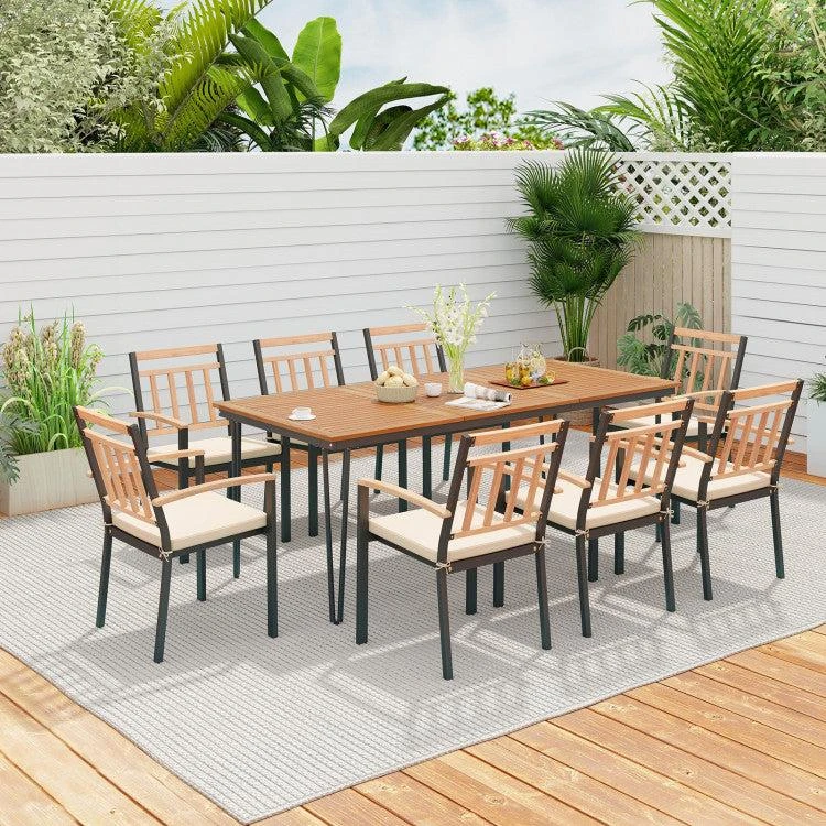 Hivvago 9-Piece Patio Dining Set 35.5 Inch Acacia Wood Table with Umbrella Hole and 24-Inch Wide Chairs 2