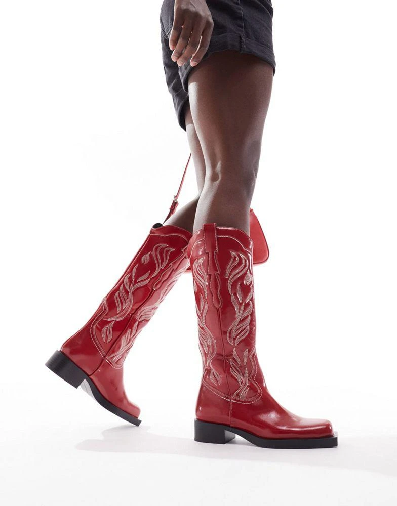 Stradivarius Stradivarius suede square toe western boot in red 3