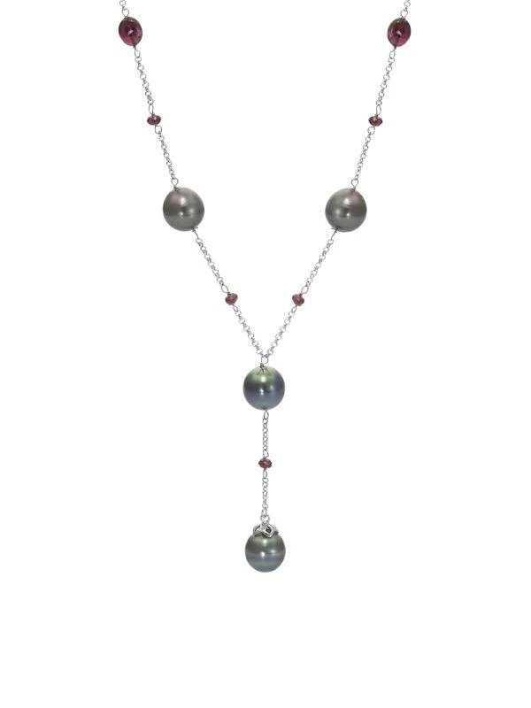 BELPEARL Sterling Silver, 10-11MM Black Tahitian Cultured Pearl & Garnet Station Y-Necklace 1