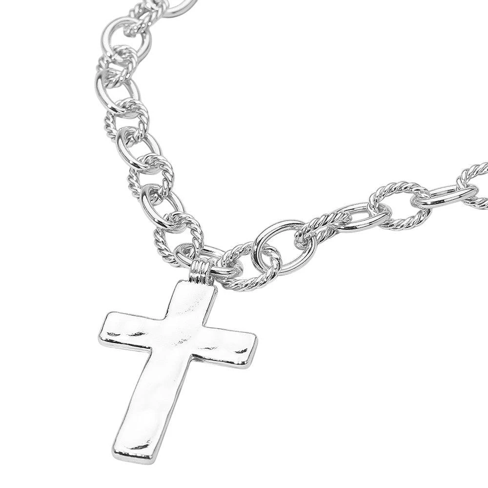 FASHNZFAB Hammered Metal Cross Chunky Textured Chain Necklace 2
