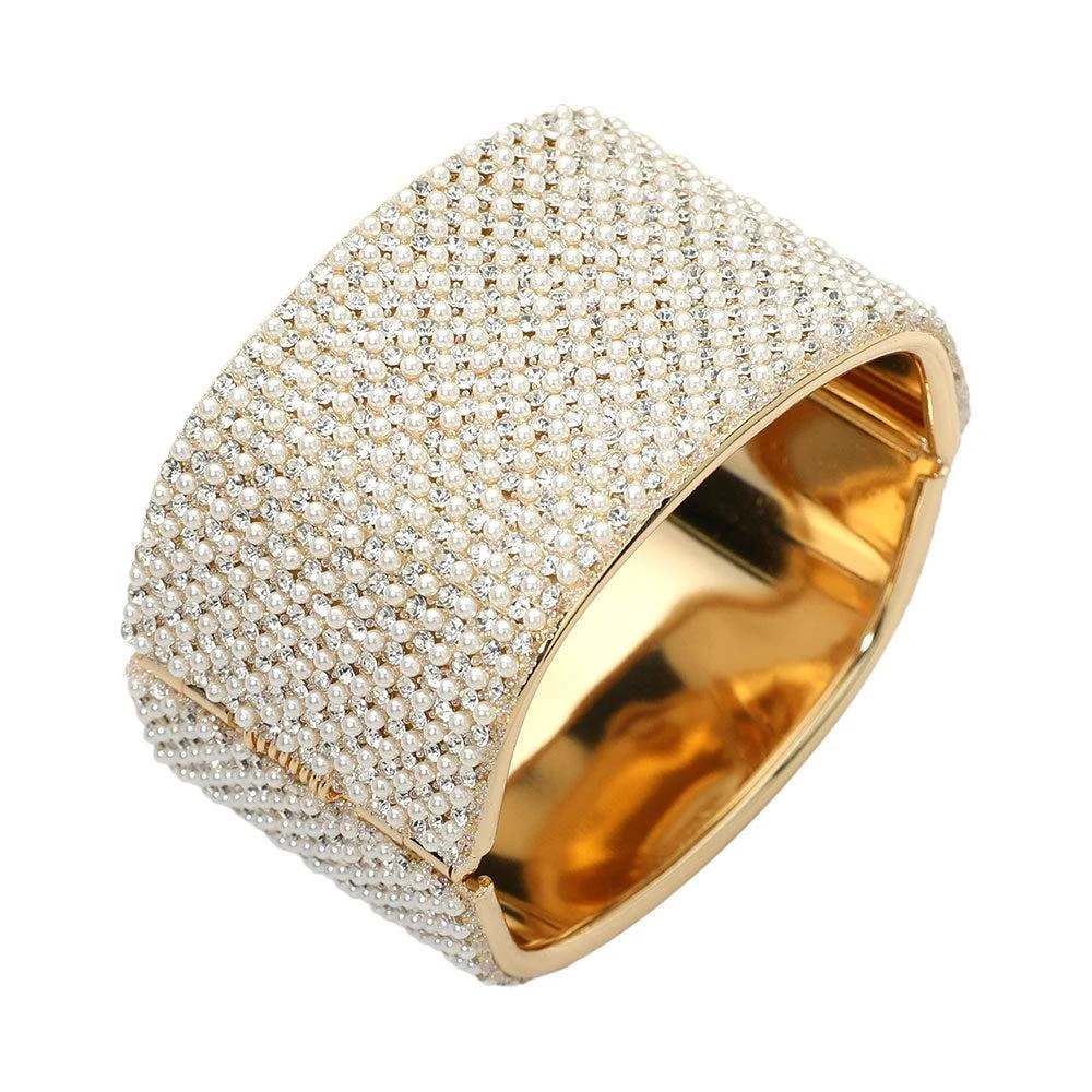 FASHNZFAB Wide Pearl Paved Hinged Evening Bangle Bracelet 3
