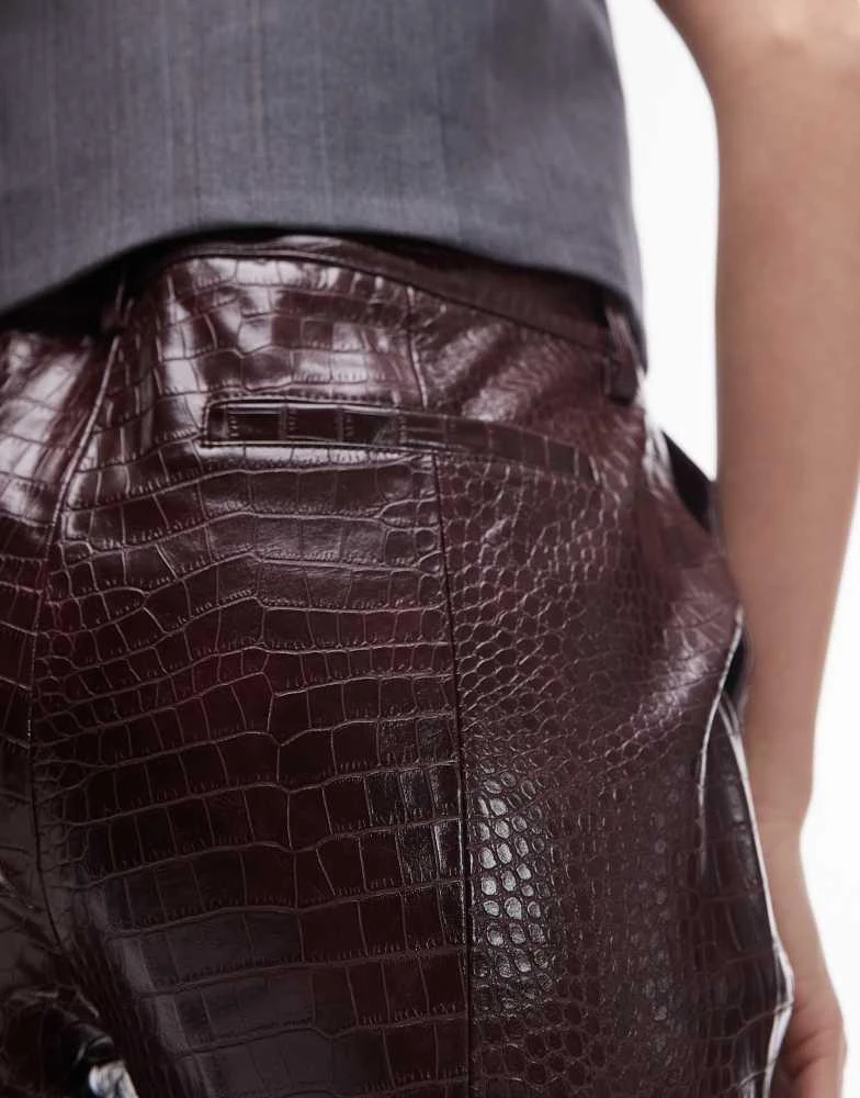 Mango Mango leather look croc flare trousers co-ord in burgundy 5