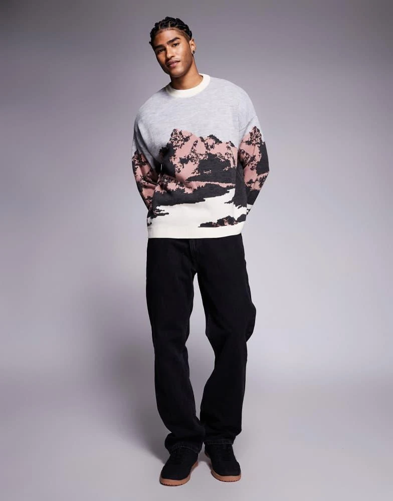 ASOS ASOS DESIGN oversized knitted jumper with mountain graphic in beige 2