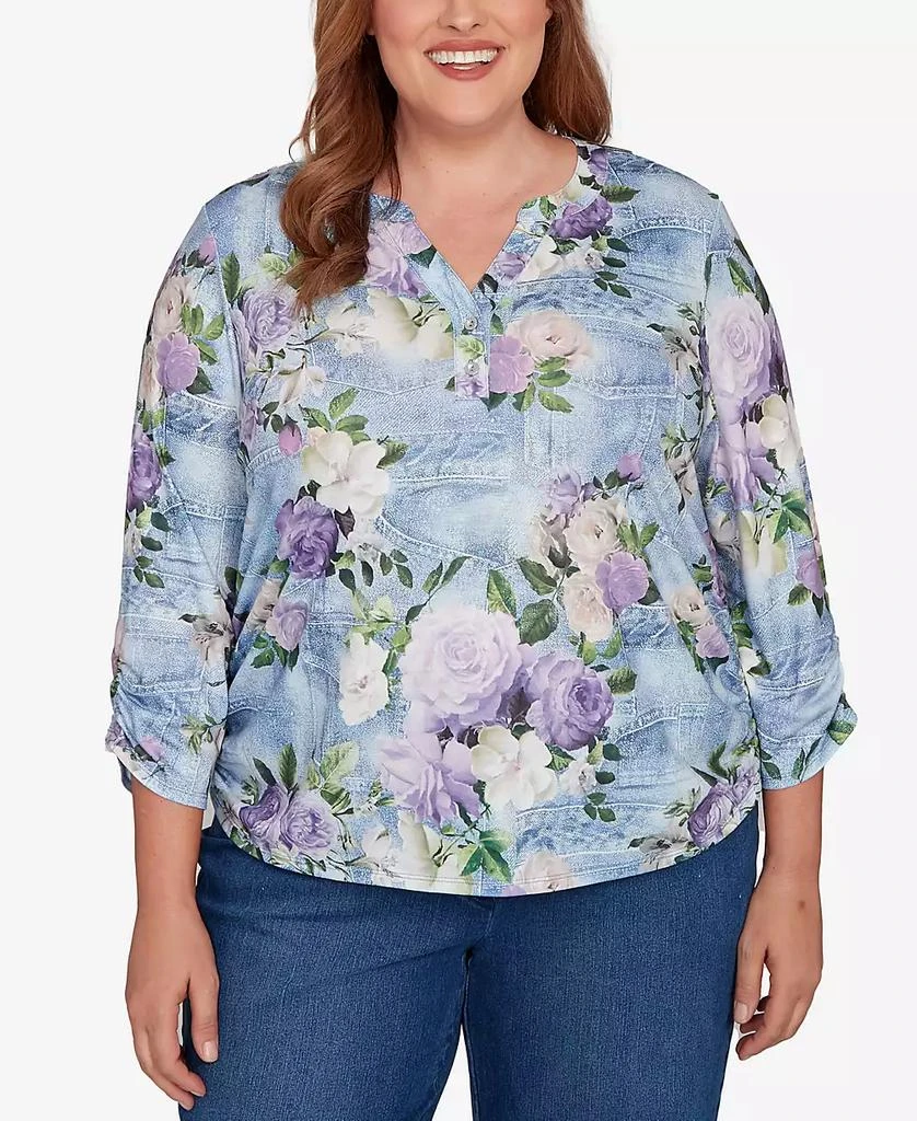 Alfred Dunner Plus Size Hilton Head Denim Floral Applique Henley Top