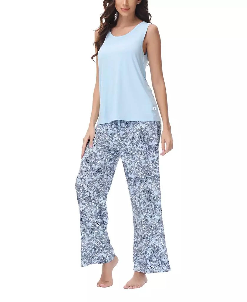Echo Design Women's Solid 2 Piece Tank Top with Printed Wide Pants Pajamas Set 1