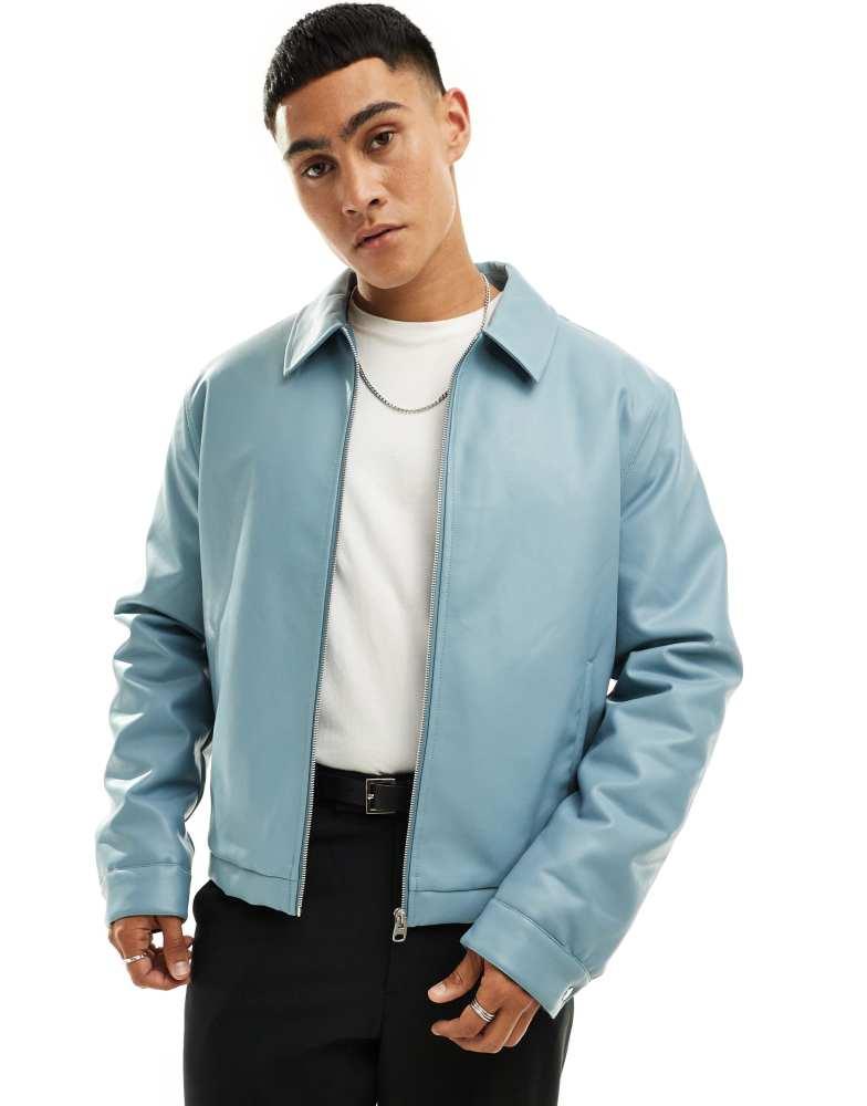 ASOS ASOS DESIGN faux leather cropped harrington jacket in blue
