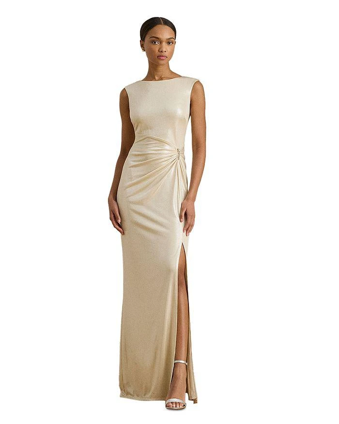 Ralph Lauren Women's Buckle-Trim Metallic Gown - Champagne/Silver - 10