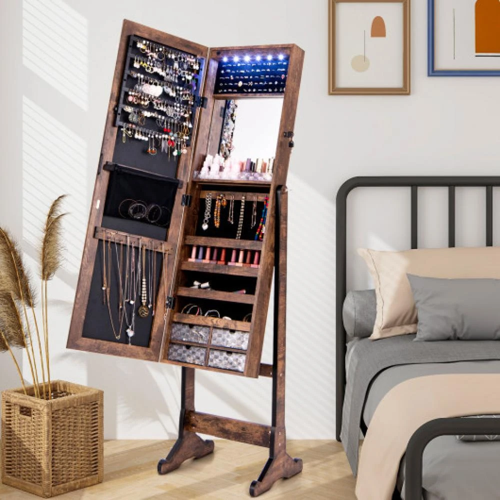 Hivvago Free Standing Full Length Jewelry Armoire with Lights-Rustic Brown