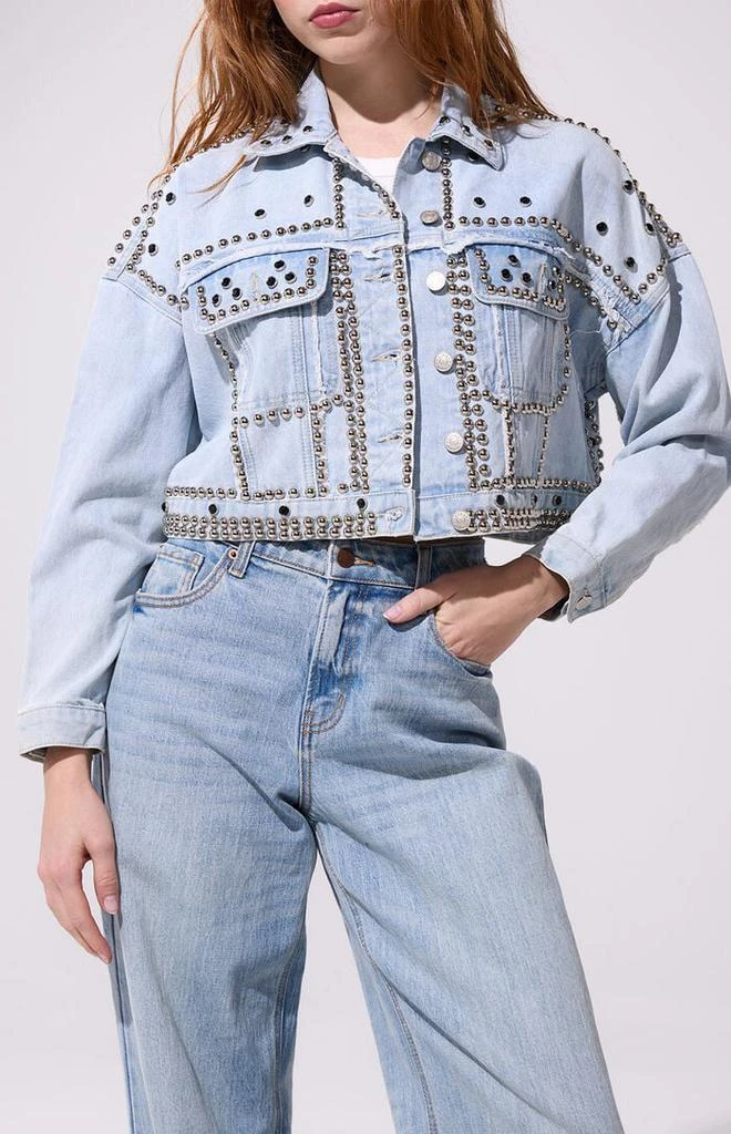 AZALEA WANG Jazella Light Blue Studded Cropped Denim Jacket 1