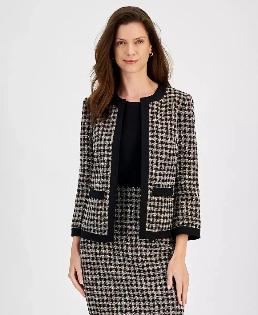 Kasper Petite Plaid Contrast-Framed Open-Front Jacket 1
