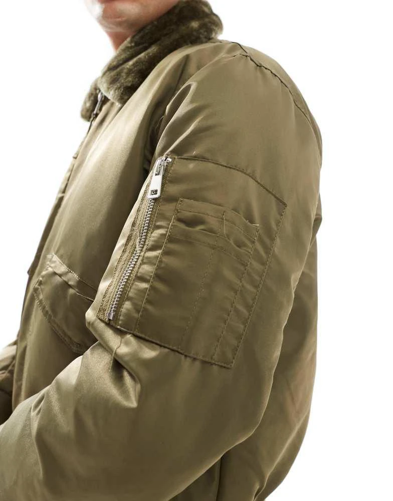 River Island River Island borg collar bomber jacket in khaki 3