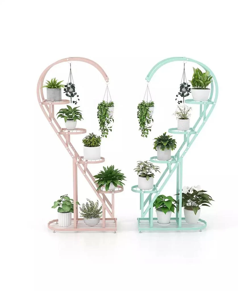 GOUUN 5 Tier Metal Plant Stand with Hanging Hook for Multiple Plants-Pink 
Blue