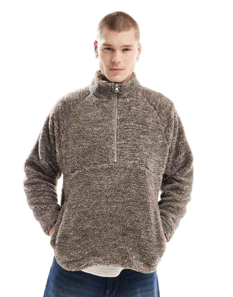Cotton:On Cotton On quarter zip teddy fleece pullover in putty 1