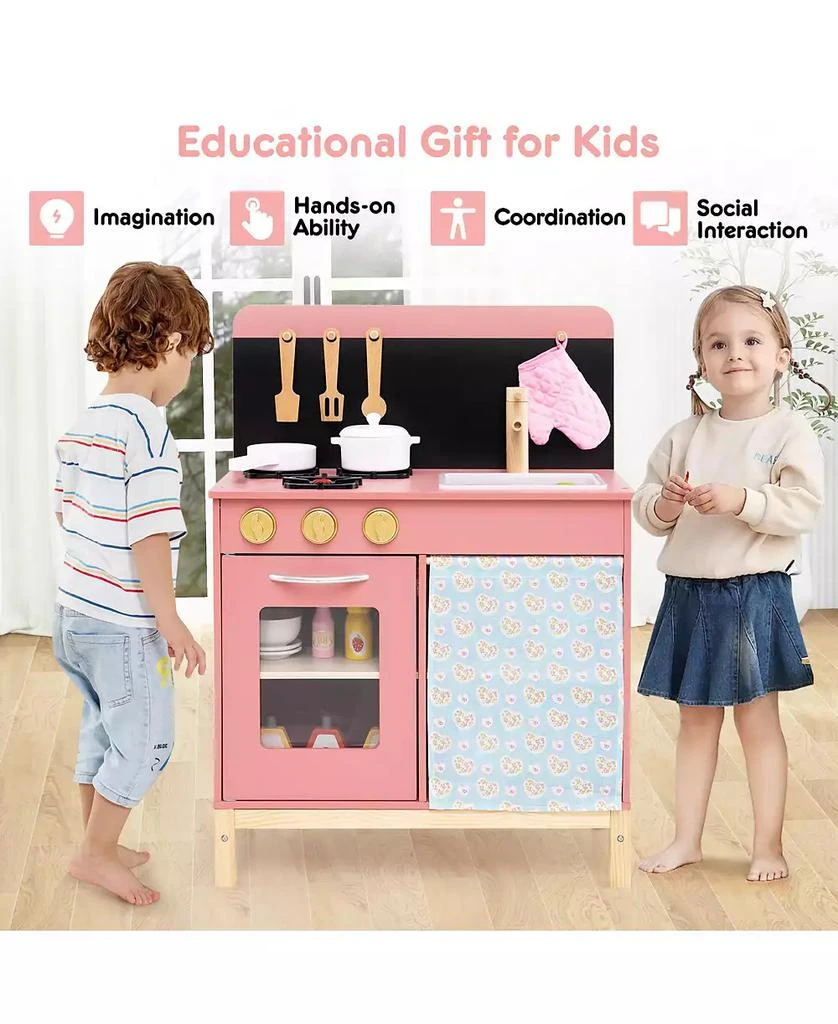 HONGGE Wooden Play Kitchen for Kids with Door Curtain and Cooking Accessories - Pink 5