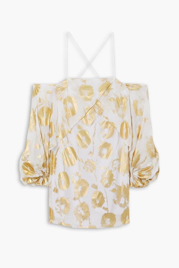 Halpern Cold-shoulder metallic floral-print cotton-voile mini dress