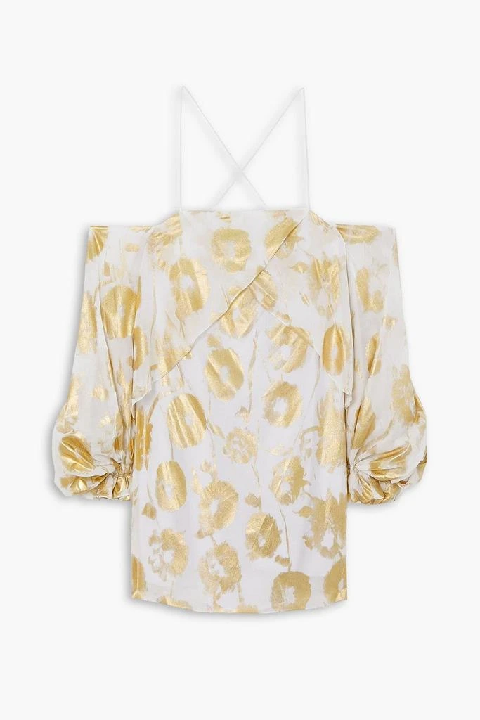 Halpern Cold-shoulder metallic floral-print cotton-voile mini dress 1