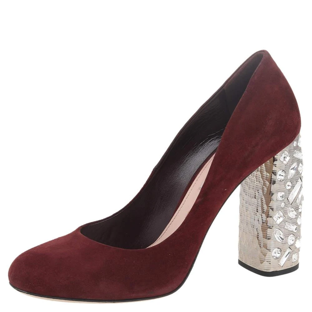 Miu Miu Miu Miu Burgundy Suede Crystal Embellished Block Heel Pumps Size 40.5 1