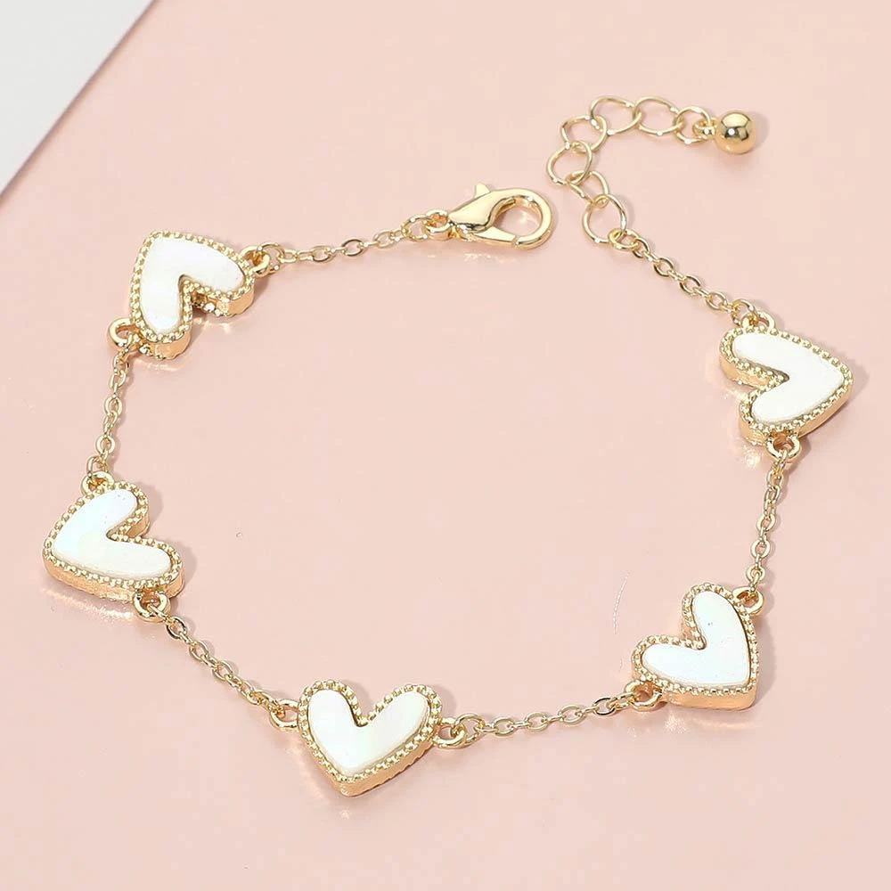 FASHNZFAB Mother of Pearl Heart Charm Station Bracelet 3