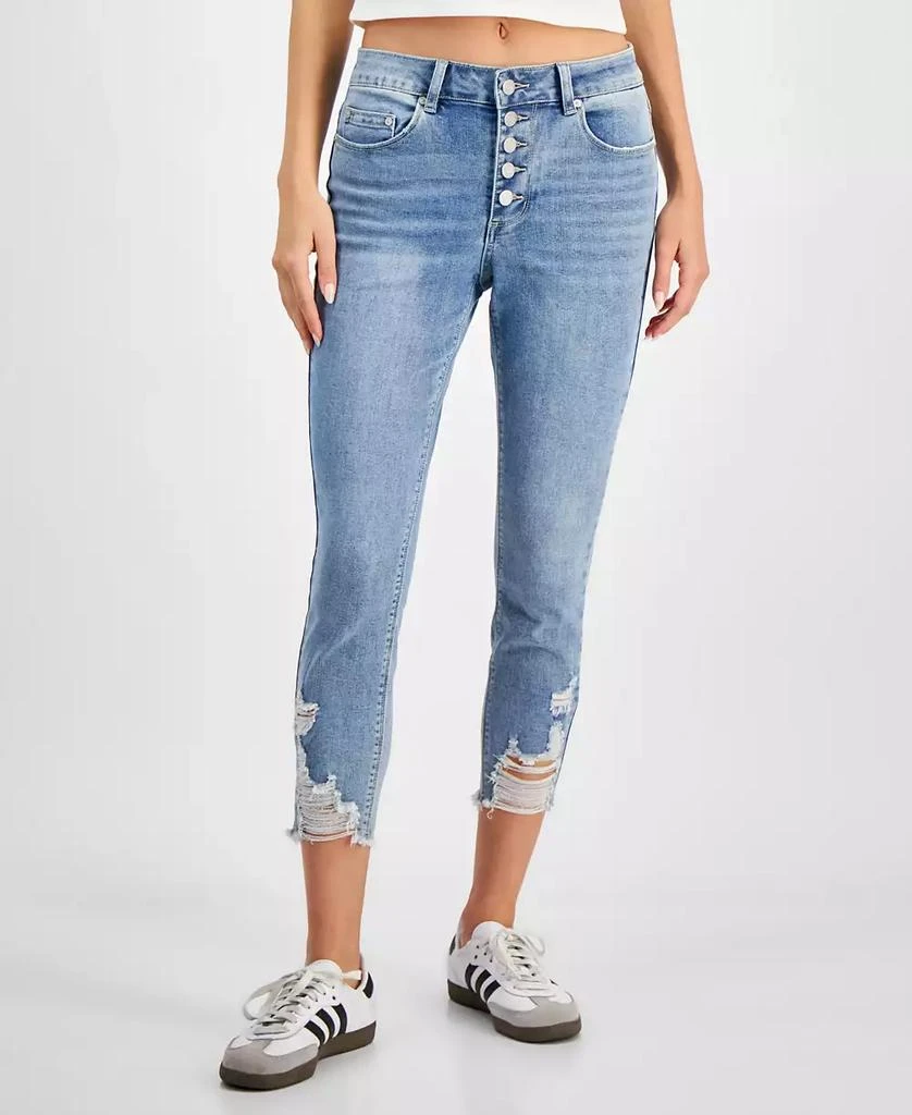 Indigo Rein Juniors' Mid Rise Button Fly Distressed Cropped Curvy Jeans 6