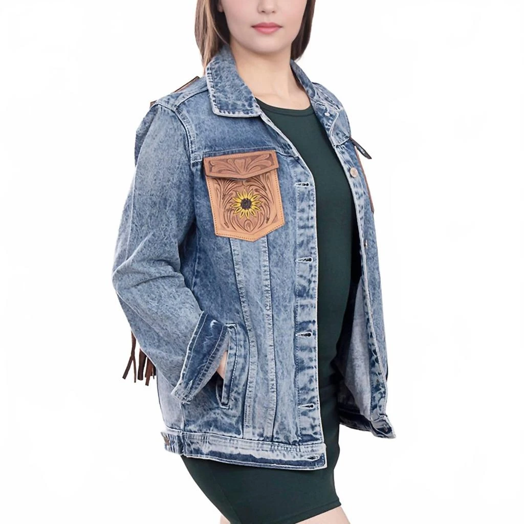 American Darling Genuine Leather Hand Tooled Carved Denim Jacket In Blue 2