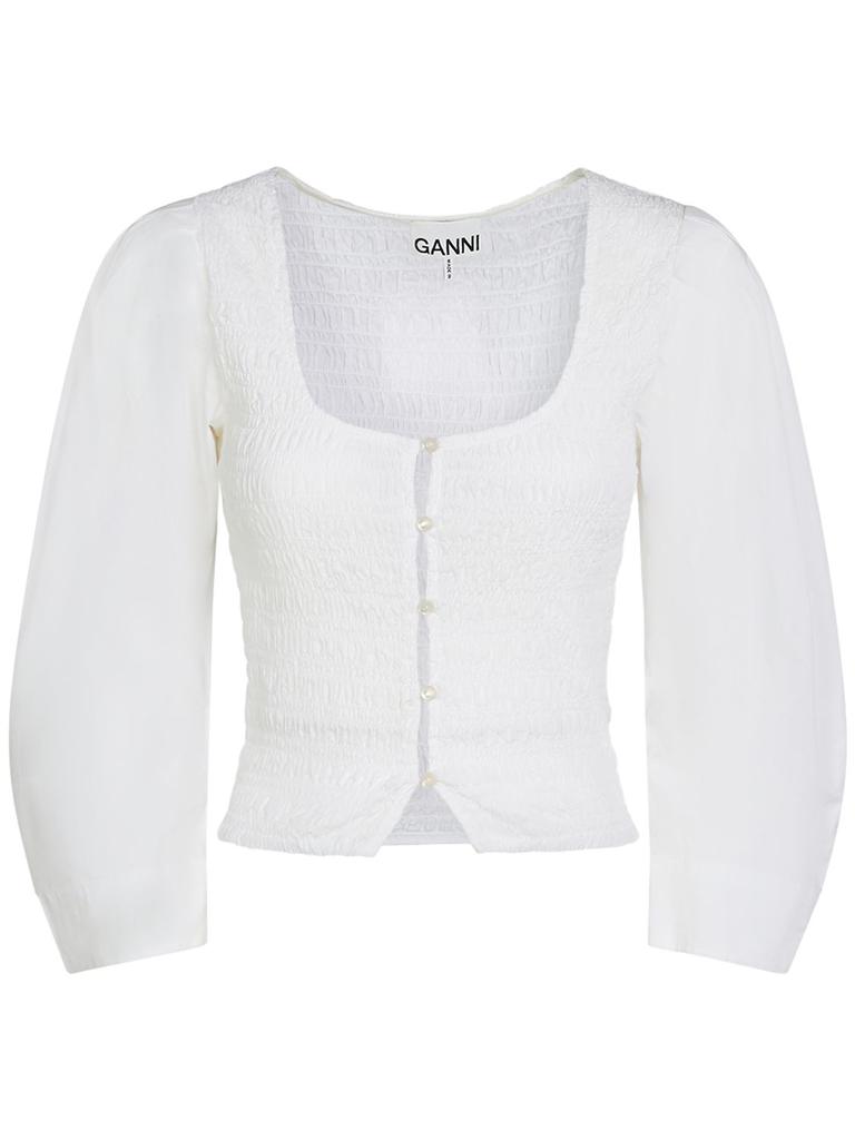 GANNI Cotton Poplin Smocked Top