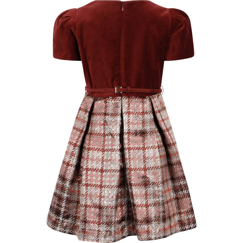 Abel & Lula Houndstooth print dress in burgundy red