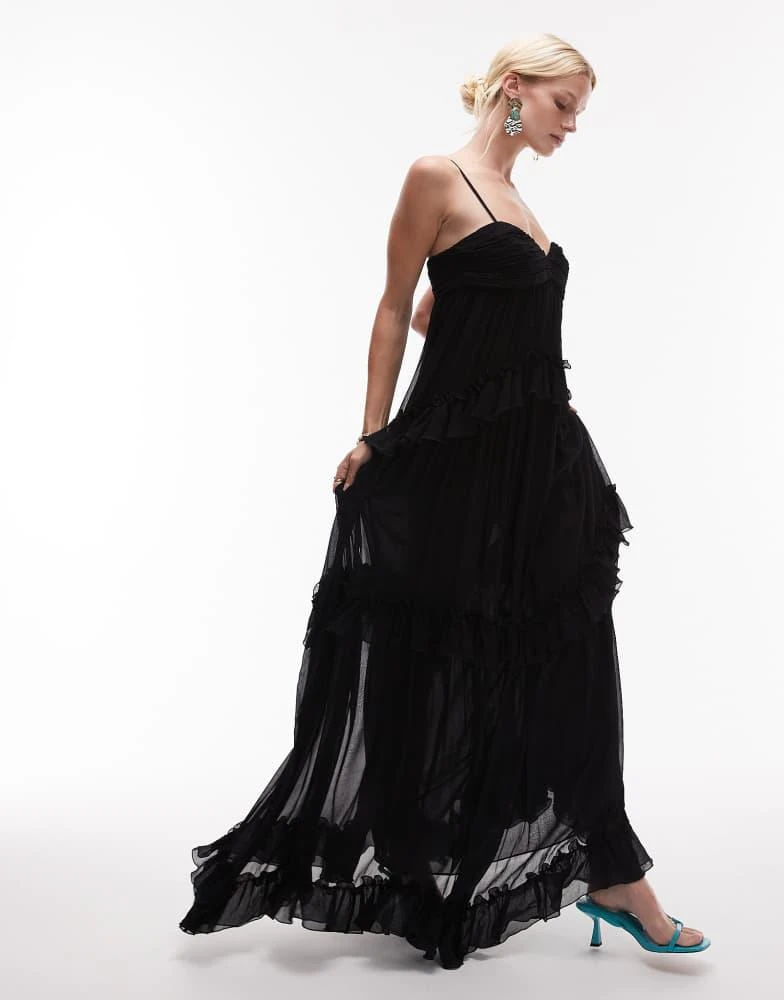 Mango Mango featuring Kaia Gerber premium bandeau ruffle tiered detail maxi dress in black 1
