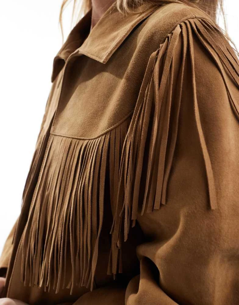 ASOS ASOS DESIGN double breasted real suede fringe jacket in tan 4