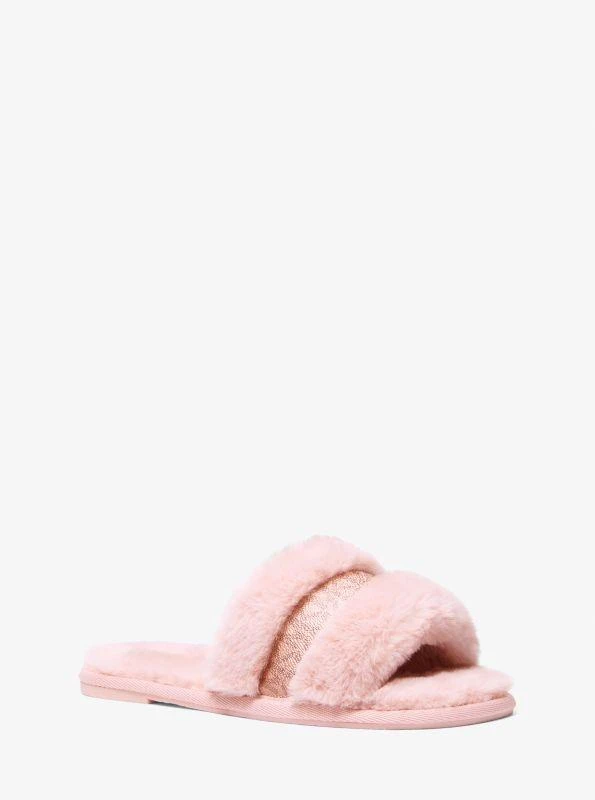 Michael Kors Alexis Faux Fur and Metallic Signature Logo Slide Sandal 1