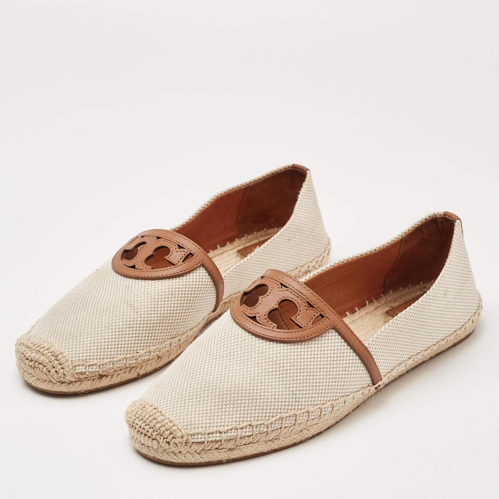 Tory Burch Tory Burch Cream/Brown Canvas Logo Flat Espadrilles Size 39.5