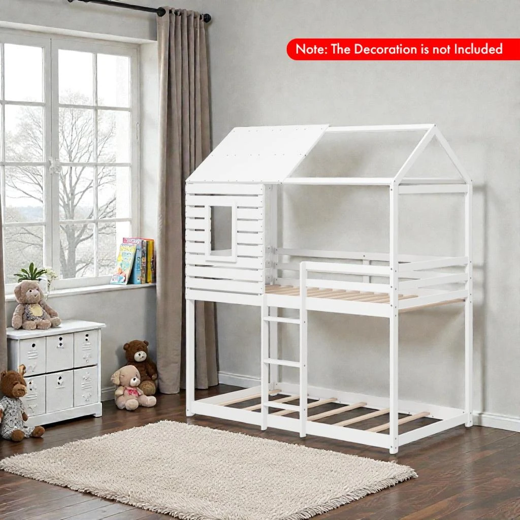 Hivvago Playhouse Twin Over Twin Bunk Bed Featuring Roof and Safety Rails 2