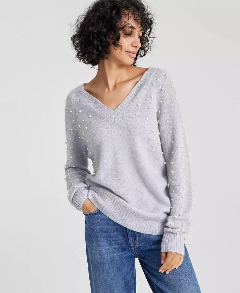 Women's Cashmere Faux-Pearl Double V-Neck Sweater, Created for - Main Image