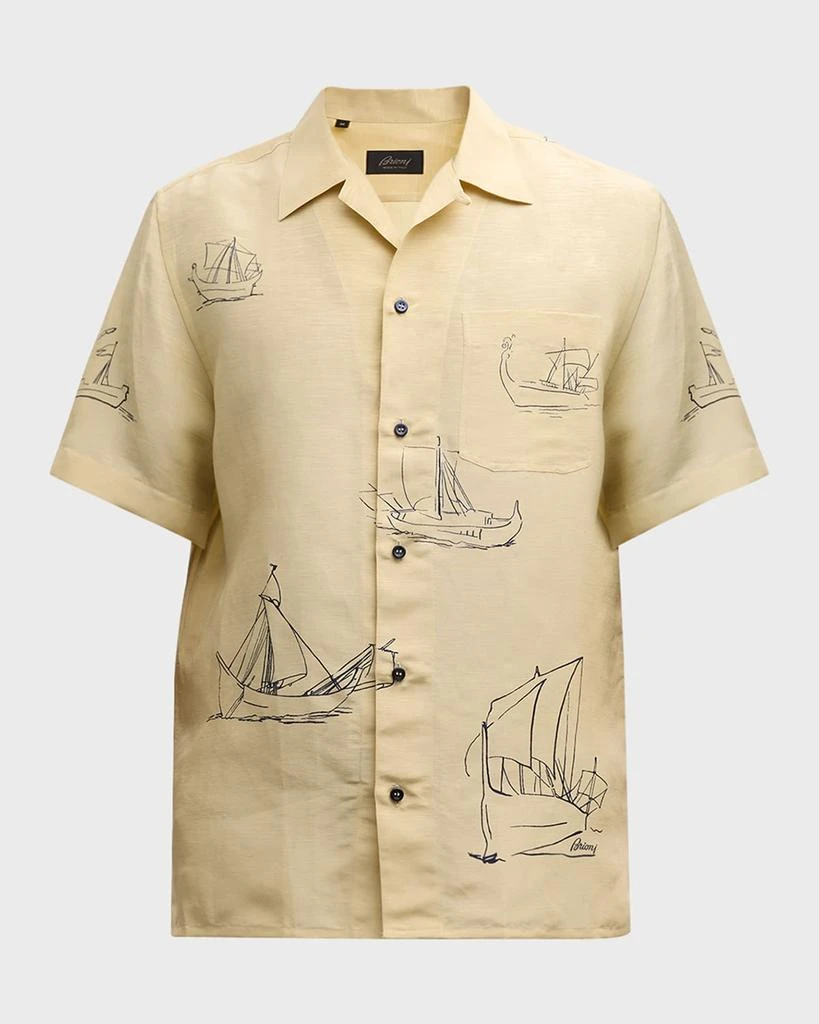 Brioni Men's Sail-Print Cotton Camp Shirt 2