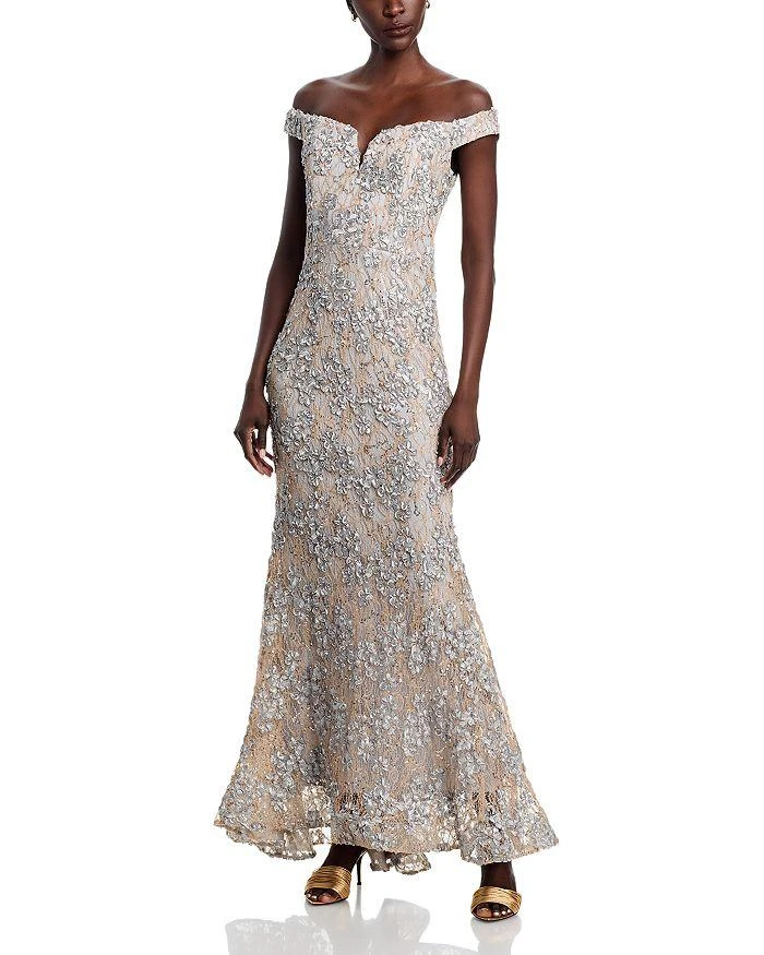 AQUA Off-the-Shoulder Embellished Lace Gown - Exclusive 1