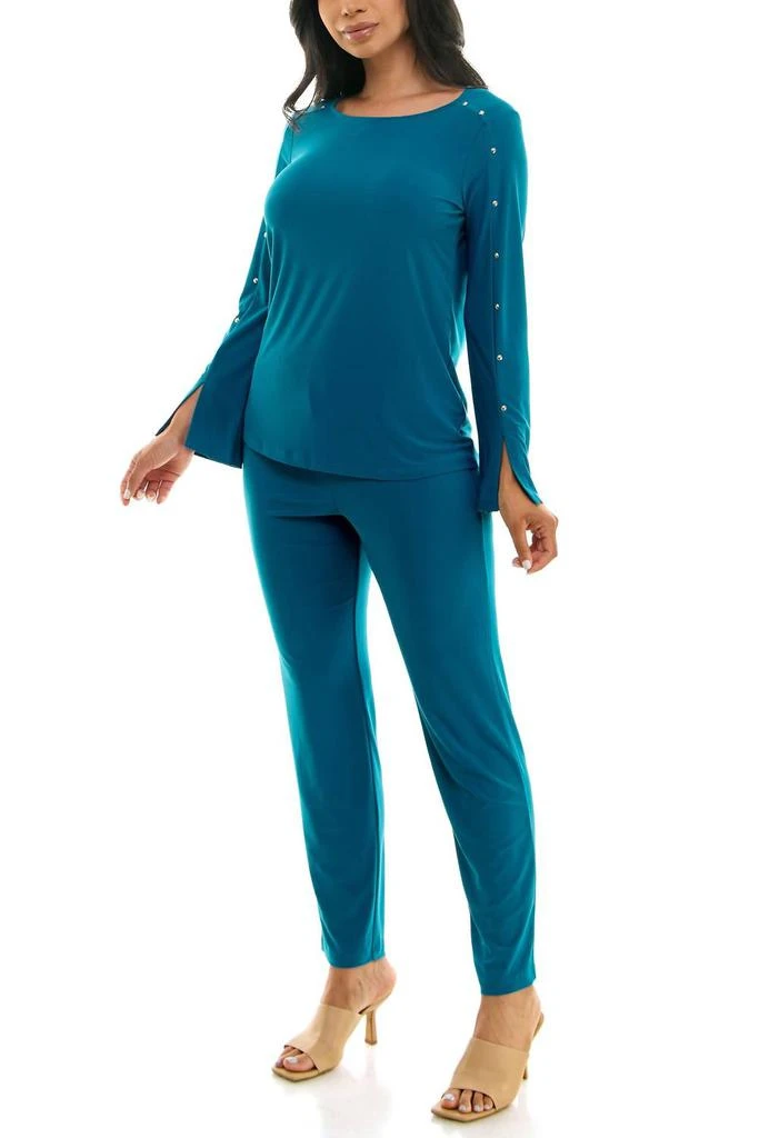 Nina Leonard Nina Leonard - Scoop Neck Embellished Shoulder Top With Elastic Waist Pant Set 2