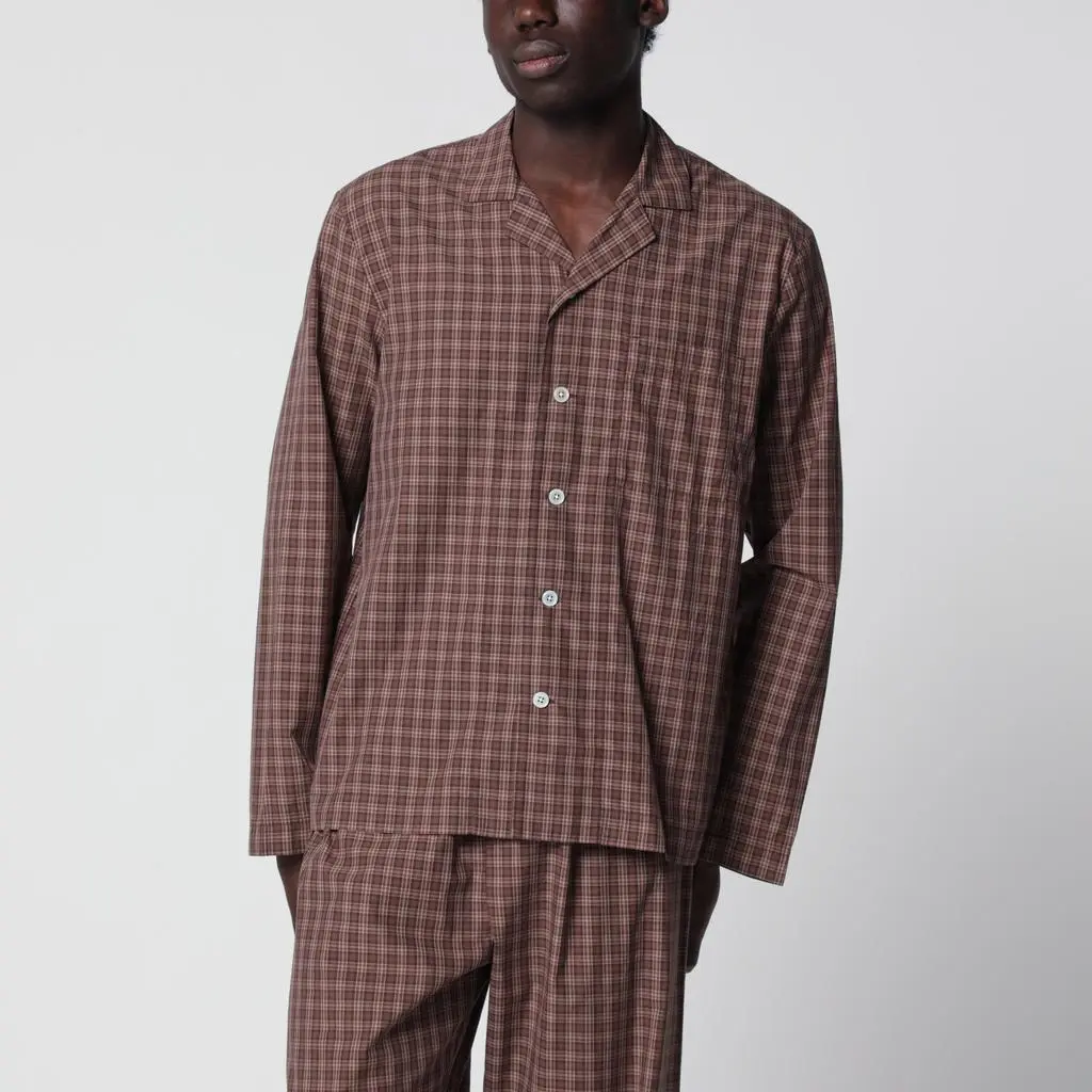 Tekla Serra-colored cotton pajama shirt with check pattern