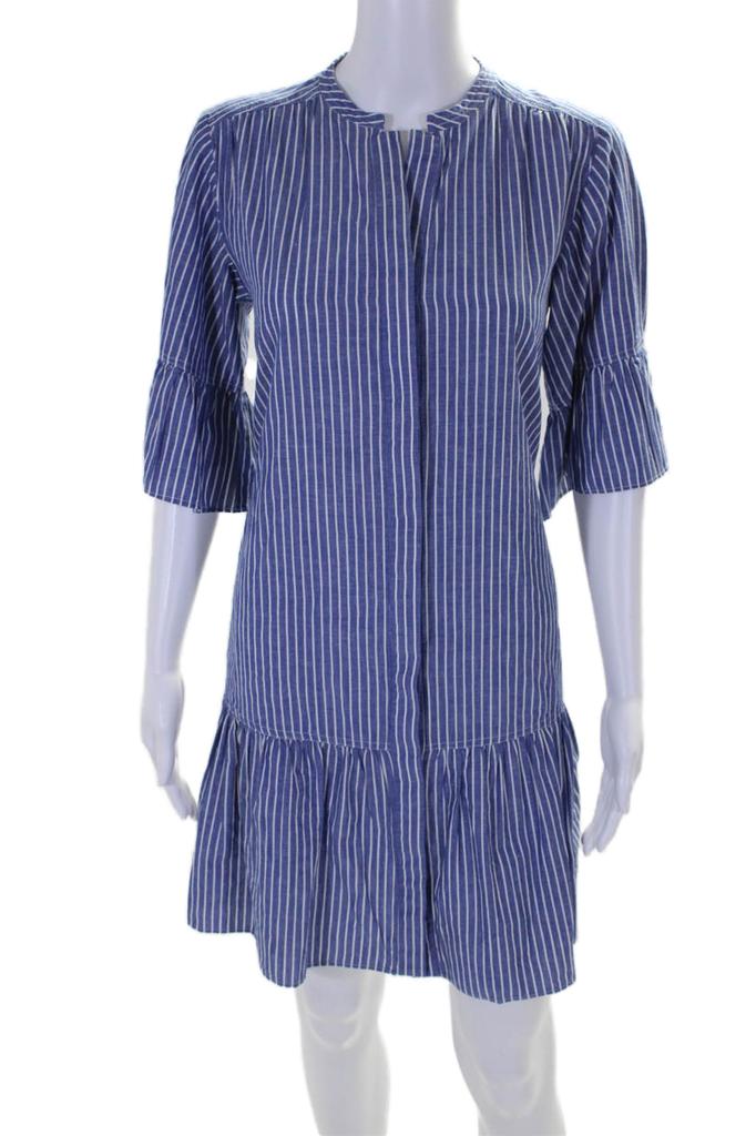 KERRI ROSENTHAL Kerri Rosenthal Womens Amanda Striped Print V-Neck Ruffled Dress Blue