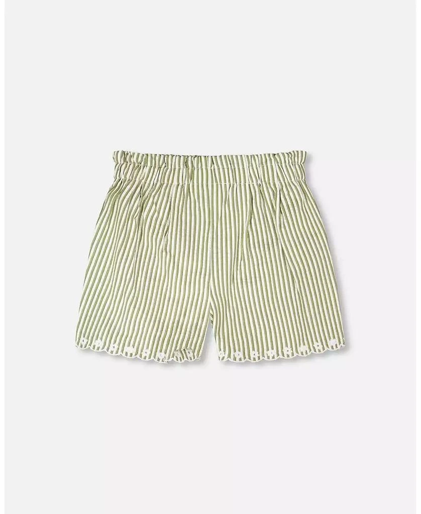Deux par Deux Big Girls Shorts Green and Off White Stripes with Embroidery 3