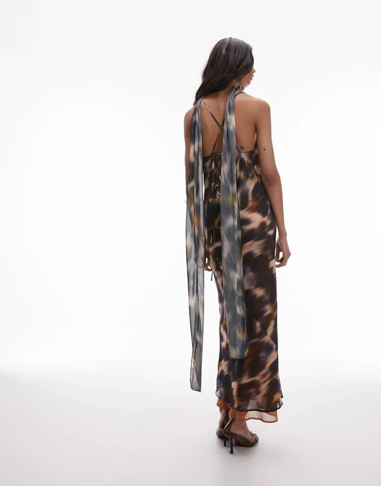Topshop Topshop cowl slip midi dress in blurred multi print with scarf 2