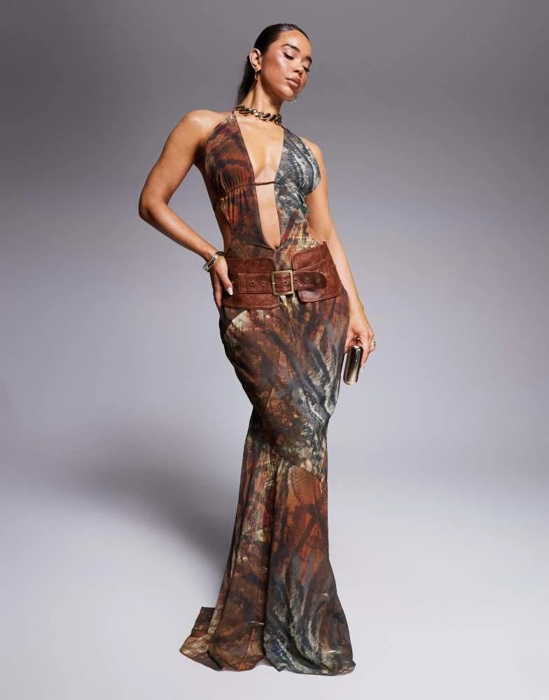 Murci Murci exclusive halterneck deep plunge maxi dress with leather look belt in snake print 1