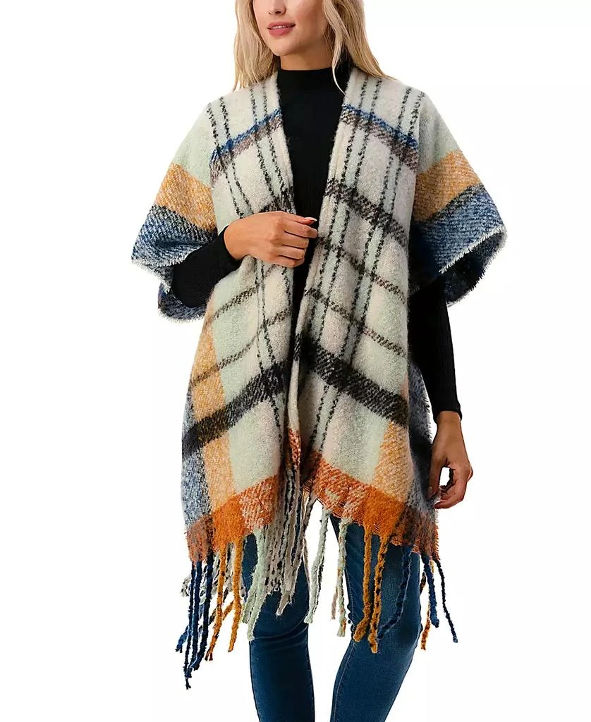 MARCUS ADLER Women's Open-Front Plaid Fringe-Trim Cape Sweater 1